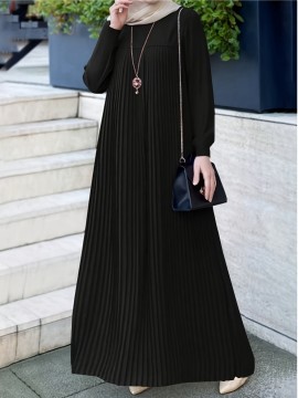1pc Elegant holiday fashion versatile loose pleated rear zipper solid color suitable for daily wear comfortable casual loose comfortable Women's abaya dress.abayas for women muslim long sleeve dresses for women long frocks for women