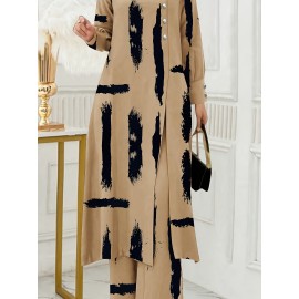 [Ramadan Top Set] Ramadan Solid Color Long Sleeve Top and Pants Set | Arabic Style, Polyester, with Faux Button Detail, for All Seasons, Women's