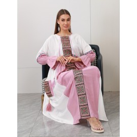 New Design Directional Palace Style Heavy Embroidery Pink Tassel Pendant Ruffle Elastic Three-Quarter Sleeve Double-Pocket Gown for Saudi National Day