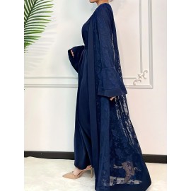 Elegant Black Lace Abaya with Contrast Lace Trim - Long Sleeve, Floor-Length, Belted, All-Season Wear, Traditional Middle Eastern Attire for Women, Cultural Attire|Elegant Abaya|Lace Trim Abaya