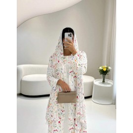 2pcs Elegant Open Abaya & Matching Headscarf Set - Floral Print, Long Sleeve, Loose Fit for Women - Ideal for Spring/Summer Outfits, Versatile Long Abaya|Floral Print Abaya|Traditional Abaya