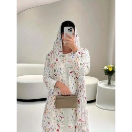 2pcs Elegant Open Abaya & Matching Headscarf Set - Floral Print, Long Sleeve, Loose Fit for Women - Ideal for Spring/Summer Outfits, Versatile Long Abaya|Floral Print Abaya|Traditional Abaya