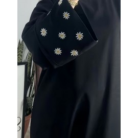 1pc Women's Islamic Abaya Dress - Elegant Hijab Outfit with Cuff Floral embroidery, Navy Blue Arabicrobe, Loose Fit Non-Stretch Muslim Dress for Daily Prayer, Office, Travel - No Scarf Needed, Modest Apparel, Quality Embroidery Detail