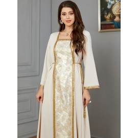 Elegant Golden Embroidered Abaya Dress - Long, Elegant Dress with Intricate Golden Floral Patterns, Perfect for Eid Celebrations, Festive Attire|Elegant Abaya|Long Abaya