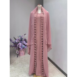 Middle Eastern Muslim Fashion Long Sleeve Embroidered Contrast Lace Patchwork Abaya Dress and Hijab Three-Piece Set