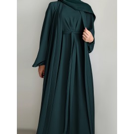 3pcs Traditional Middle Eastern Abaya Dress Set - Long Sleeve, Belted Waist, Solid Color, Non-Stretch Fabric, Spring/Summer/Fall Wear, Includes Cardigan, Dress, and Headscarf, Cultural Attire|Traditional Attire|Belted Waist Dress