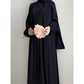 3pcs Traditional Middle Eastern Abaya Dress Set - Long Sleeve, Belted Waist, Solid Color, Non-Stretch Fabric, Spring/Summer/Fall Wear, Includes Cardigan, Dress, and Headscarf, Cultural Attire|Traditional Attire|Belted Waist Dress