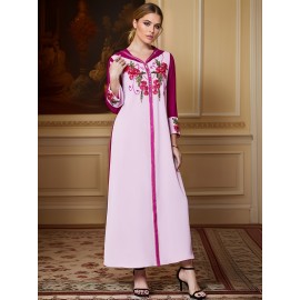 Women'S Elegant Long Sleeve Maxi Dress with Rhinestone Embellishments, Solid Color Polyester 100%, All-Season Woven Fabric, Regular Sleeve, No Belt - Pink & Magenta Floral Pattern
