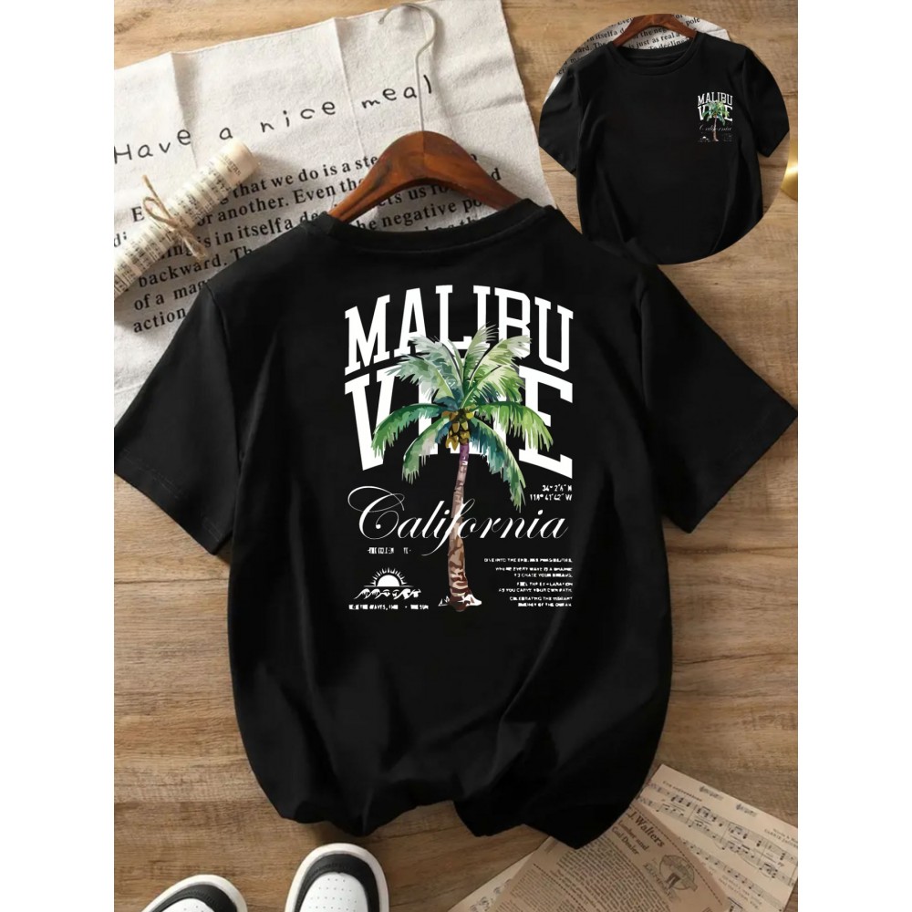 MALIBU VIBE Women's Casual Short Sleeve T-Shirt - Tropical Palm Tree & California Graphic Print, Black with White Lettering, Round Neck, Comfort Fit, Machine Washable, All-Season Wear, Relaxed Fit Top | Classic Round Neck | Durable Print Shirt