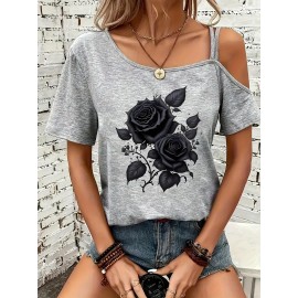 Women's Sexy Off-Shoulder Graphic Print T-Shirt - Black Rose & Butterfly Design, Thin Strap Short Sleeve Summer Top, Machine Washable Casual Chic Blouse for Women, Nontransparent Fabric