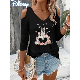 Women'S Disney Princess Graphic Off-Shoulder Long Sleeve T-Shirt - V-Neck, Black with Colorful Floral Crown & Castle Design, Perfect for Spring/Fall, Disney Shirts