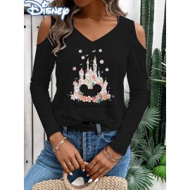 Women'S Disney Princess Graphic Off-Shoulder Long Sleeve T-Shirt - V-Neck, Black with Colorful Floral Crown & Castle Design, Perfect for Spring/Fall, Disney Shirts