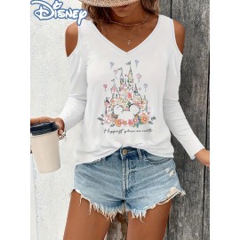 Women'S Disney Princess Graphic Off-Shoulder Long Sleeve T-Shirt - V-Neck, Black with Colorful Floral Crown & Castle Design, Perfect for Spring/Fall, Disney Shirts