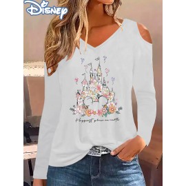 Women'S Disney Princess Graphic Off-Shoulder Long Sleeve T-Shirt - V-Neck, Black with Colorful Floral Crown & Castle Design, Perfect for Spring/Fall, Disney Shirts