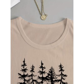 Women's Casual Long Sleeve Crew Neck T-Shirt - Forest Graphic Print with Pine Trees & Bear Silhouette, Medium Stretch Machine-Washable Top for Spring/Fall, Regular Fit Nature-Inspired Casual Attire, Allseason Apparel, Mediumelastic Fabric