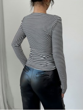 [Casual Striped T-Shirt] Polyester Women's Casual Striped T-Shirt with Tie-Front Detail | Black & White Vertical Stripes, Long Sleeve, Round Neck, Perfect for Spring/Fall, Everyday Fashion, Casual Wear