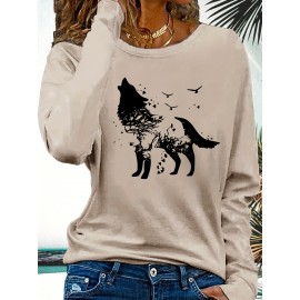 [Wolf Graphic Print Crew Neck Tee] 1pc Casual Wolf Graphic Print Long Sleeve Crew Neck T-Shirt - Polyester Top with Slight Stretch - Animal Pattern Pullover for All Seasons