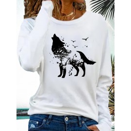 [Wolf Graphic Print Crew Neck Tee] 1pc Casual Wolf Graphic Print Long Sleeve Crew Neck T-Shirt - Polyester Top with Slight Stretch - Animal Pattern Pullover for All Seasons