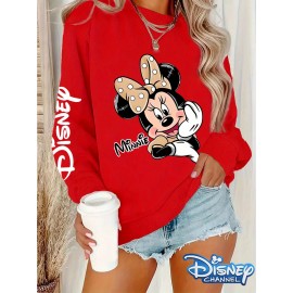 Disney Official Women's Y2K Minnie Mouse Graphic Sweatshirt - Pink with Black & White Polka Dots, Loose-Fit Round Neck Long Sleeve Pullover, Cozy Fall Winter Casual Outfit for Themed Events & Casual Attire
