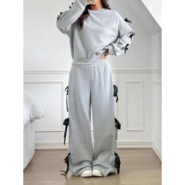 Solid Color Women's Casual Loose Bow Decoration Long Sleeve Top and Pants Two-Piece Set