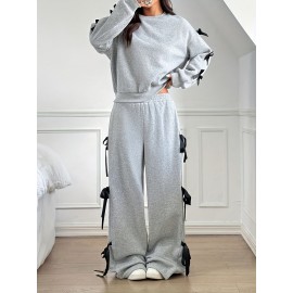 Solid Color Women's Casual Loose Bow Decoration Long Sleeve Top and Pants Two-Piece Set