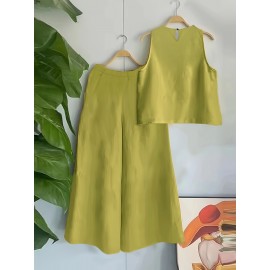 Vacation-Style Solid Color Sleeveless Women's Casual Pants Set