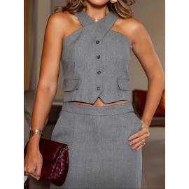 [Elegant Two-Piece Set] Elegant Solid Color Women's Sleeveless Cross Vest Top and Skirt Two-Piece Set