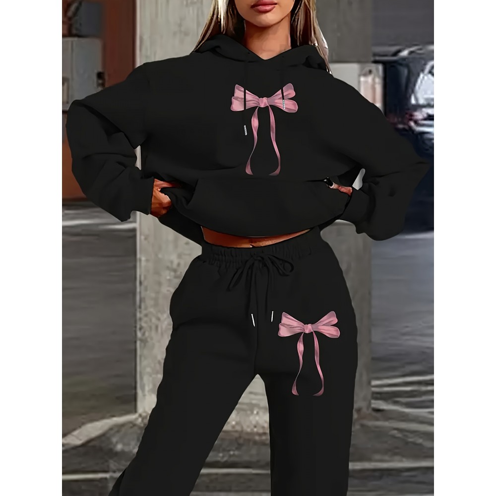 [Women's Hooded Tracksuit Set] Elegant Women's Hooded Tracksuit Set, Polyester Knit Fabric, Alphabet Pattern, Comfortable Loungewear, with Pink Bow Detail, for Fall/Winter