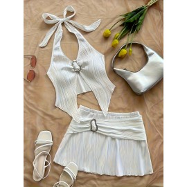 [Elegant Summer Two-Piece Set] Elegant Women's Summer Two-Piece Set - V-Neck Strap Top with Bow Detail & High-Waisted Skirt, Polyester Blend, Textured Fabric, Perfect for Spring/Summer, Casual Attire