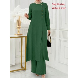 [Ramadan Top Set] Ramadan Solid Color Long Sleeve Top and Pants Set | Arabic Style, Polyester, with Faux Button Detail, for All Seasons, Women's