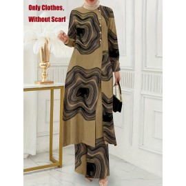 [Ramadan Top Set] Ramadan Solid Color Long Sleeve Top and Pants Set | Arabic Style, Polyester, with Faux Button Detail, for All Seasons, Women's