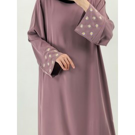 1pc Women's Islamic Abaya Dress - Elegant Hijab Outfit with Cuff Floral embroidery, Navy Blue Arabicrobe, Loose Fit Non-Stretch Muslim Dress for Daily Prayer, Office, Travel - No Scarf Needed, Modest Apparel, Quality Embroidery Detail