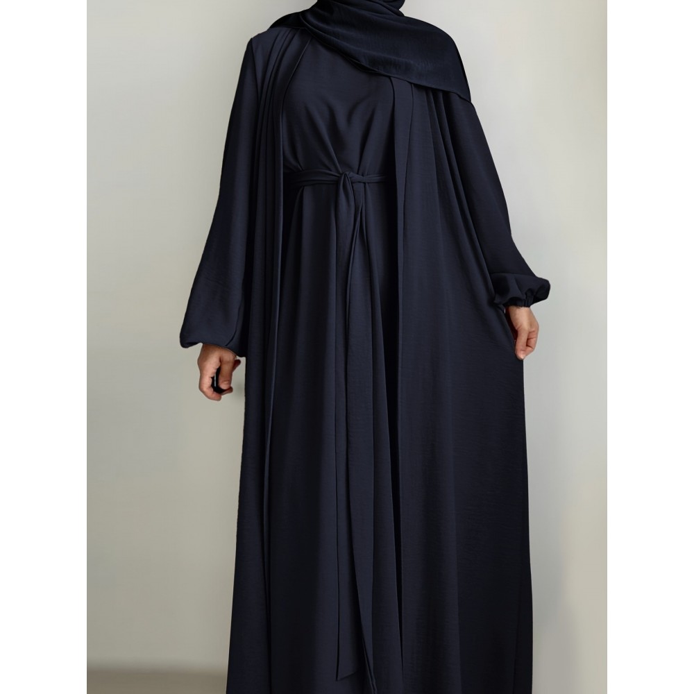 3pcs Traditional Middle Eastern Abaya Dress Set - Long Sleeve, Belted Waist, Solid Color, Non-Stretch Fabric, Spring/Summer/Fall Wear, Includes Cardigan, Dress, and Headscarf, Cultural Attire|Traditional Attire|Belted Waist Dress