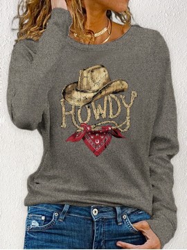 Women's Western Cowboy Graphic Long Sleeve Top - Vintage HOWDY Print with Hat & Bandana Design, Soft Grey All-Season Casual Shirt, Machine Washable Round Neck Women's Clothing, Seasonal Fashion, Comfortable Fit