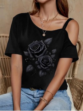 Women's Sexy Off-Shoulder Graphic Print T-Shirt - Black Rose & Butterfly Design, Thin Strap Short Sleeve Summer Top, Machine Washable Casual Chic Blouse for Women, Nontransparent Fabric