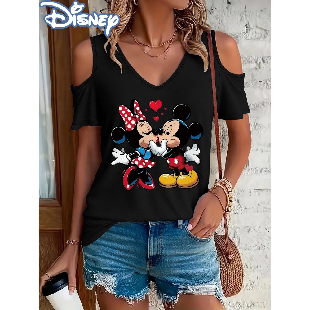 [Disney Minnie Mouse T-Shirt] Disney Minnie Mouse & Mickey Mouse Graphic T-Shirt for Women - Cute Cartoon Print V-Neck Off-Shoulder Short Sleeve Tee, Black with Red Bow & Hearts Design, Summer Casual Top, Disney Shirts