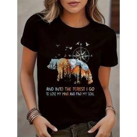 [Nature Print Women's T-Shirt] Nature-Inspired Geometric Print Women's Casual Short Sleeve T-Shirt | Breathable Semi-Sheer Fabric, Forest Scene with Trees, Birds & Compass Design, Machine Washable, Regular Fit for Outdoor Camping & Casual Attire