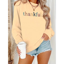 [Thankful Print Sweatshirt] Women's Casual Thankful Print Sweatshirt - 100% Polyester Knit Crew Neck Long Sleeve Top For Fall/Winter - Soft, Machine Washable, Plus Size Comfort Wear
