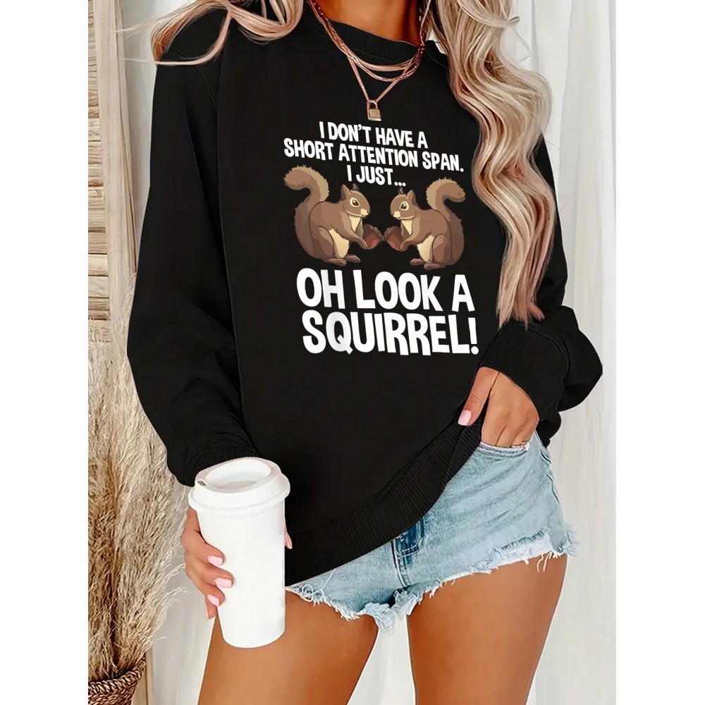 Women'S Plus Size Cartoon Squirrel Graphic Sweatshirt - Casual Long Sleeve Crew Neck, Machine Washable Polyester, Fall/Winter Sportswear with Funny Squirrel Applique Design