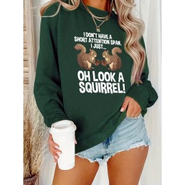 Women'S Plus Size Cartoon Squirrel Graphic Sweatshirt - Casual Long Sleeve Crew Neck, Machine Washable Polyester, Fall/Winter Sportswear with Funny Squirrel Applique Design